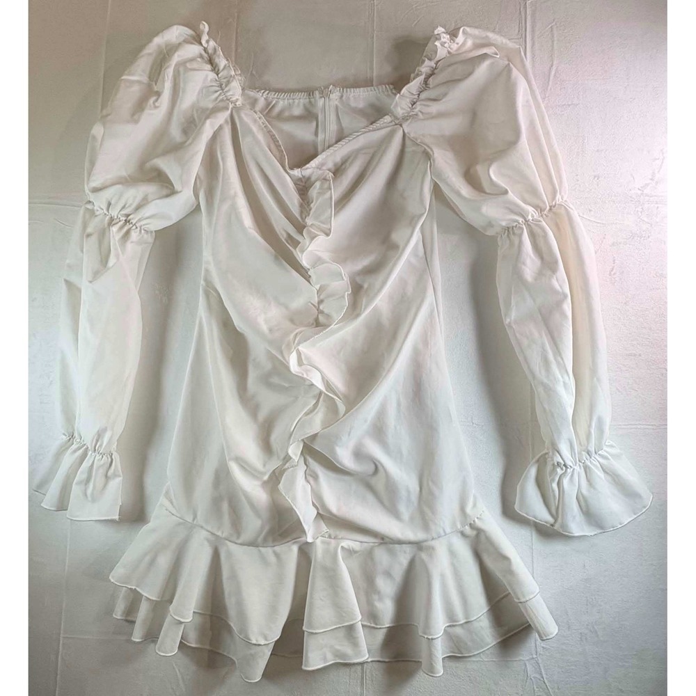 White Ruffle Front Puff Sleeve Mini Dress Cottagecore Tiered Hem Long Sleeve XS